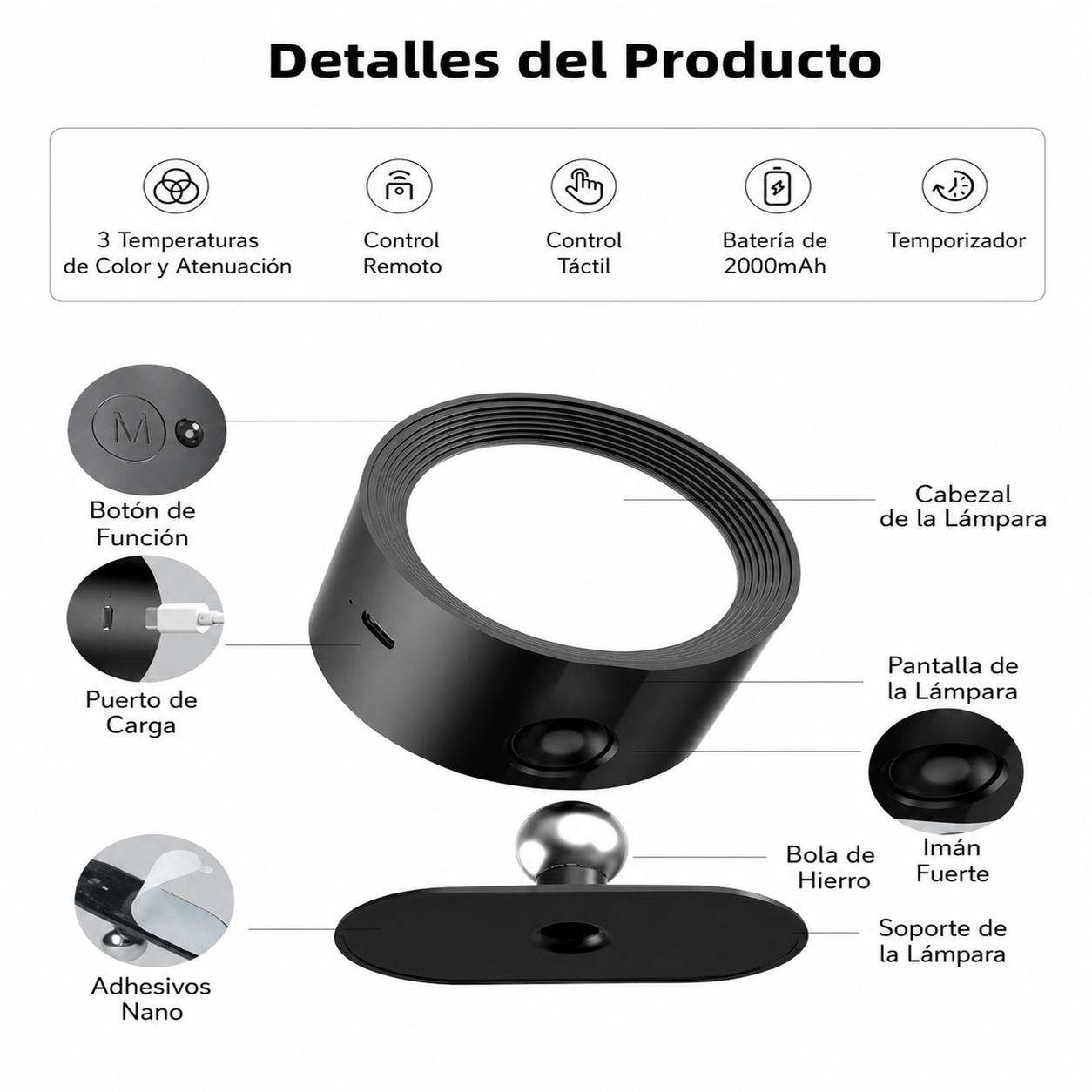 Lámpara led de pared recargable 360°